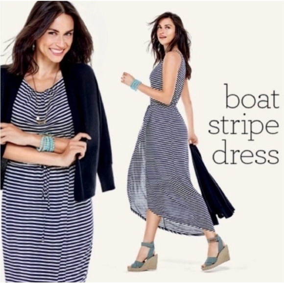 CAbi Dresses & Skirts - Cabi Boat Stripe Maxi Dress Medium Blue White Faux Wrap Nautical Strappy 5105